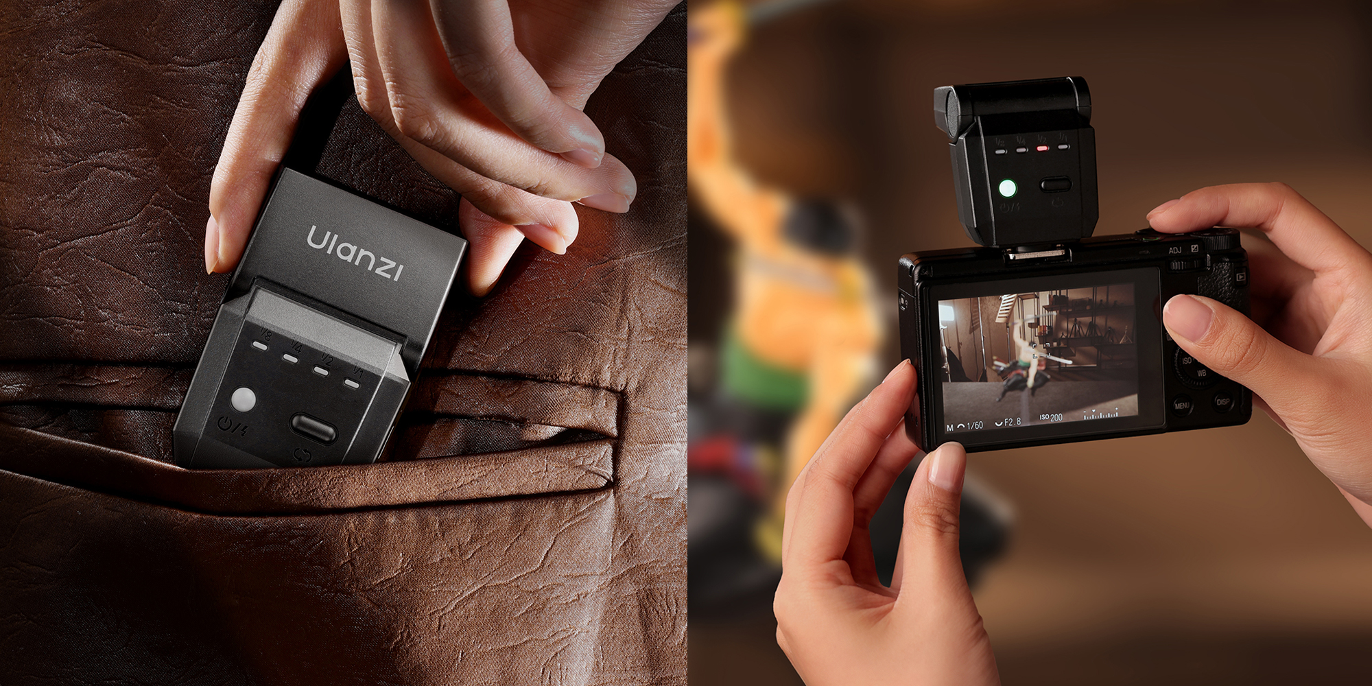 width=100% Lampa błyskowa Ulanzi SL03 - czarna wkładana do kieszeni oraz na aparacie